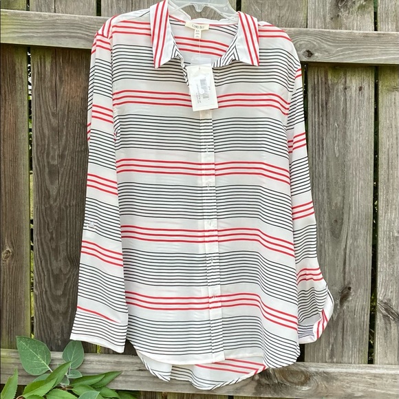 👛 NWT Como blu sheer blouse, large-🤍,❤️ & 🖤 stripe - Picture 2 of 10